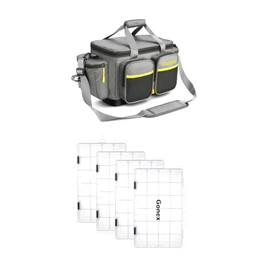 Gonex Fishing Tackle Boxes 3700 Tackle Trays 4 Packs Adjustable Dividers Clear Plastic Tackle Box Organizer with Fishing Tackle Bag Water-Resistant Polyester Fishing Tackle Storage Bag