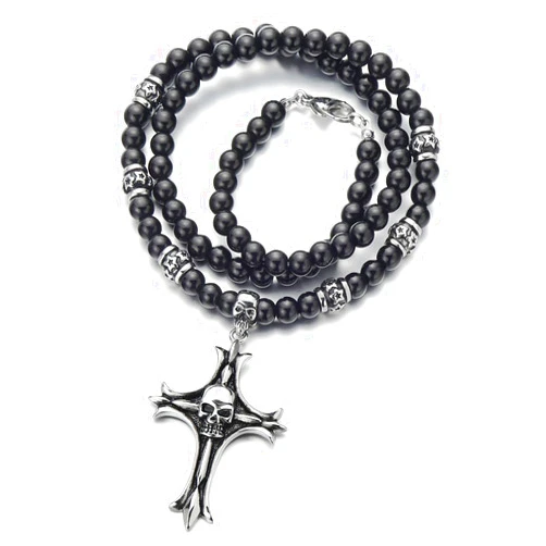 COOLSTEELANDBEYOND Gothic Style Mens Black Onyx Beads Necklace with Stainless Steel Cross Skulls