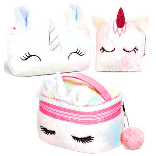 Huhumy 3 Pcs Unicorn Makeup Bag Cosmetic Organizer with Zipper Plush Travel Unicorn Makeup Kit Fluffy Unicorn Makeup Case Toiletry Small Storage Zipper Pouch for Women Toddler Christmas Gifts