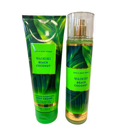 Bath & Body Works Bath and Body Works Lotion, Perfume Mist, Shower Gel Holiday and Tropical Fragrance Collection (Waikiki Beach Mist and Shea Cream, 2 Pc Set Full Size)