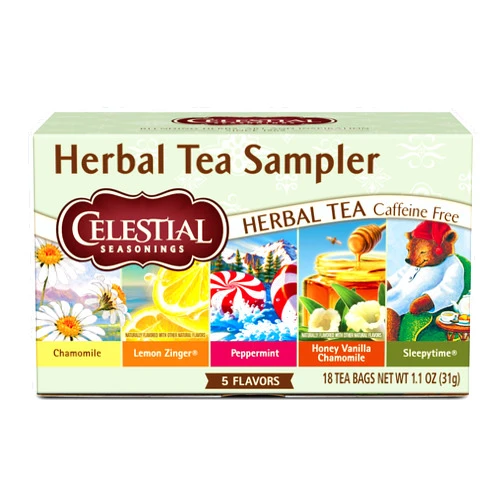 Celestial Seasonings Herbal Tea Sampler Variety Pack, Caffeine Free, 18 Tea Bags Box