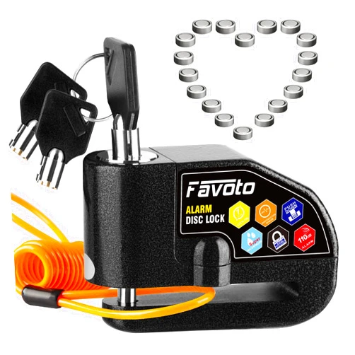 Favoto Alarm Disc Lock, 3 Keys and 18 Batteries (5-Year Availability), 110 dB Waterproof Anti-Theft Security Brake Padlock, 7mm Lock Pin with Reminder Cable, Fit for Motorcycle E-Bike Bicycle Scooter
