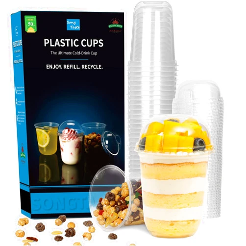 Songtaste 50 Pcs Disposable Plastic Cups,8 Oz Clear Plastic Parfait Cups with Dome Lids,No Hole, Dessert Yogurt Fruit Cups for Kids, Take Away Breakfast and Snacks, Cold Drinks, Ice Cream, Fruit Iced