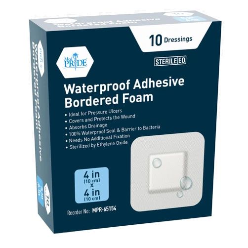 MED PRIDE Waterproof Silicone 4'' X 4'' Foam Wound Dressing (10-Count) Sterile, Adhesive Border | Home or Emergency Healing Support | Partial or Shallow Drainage Coverage