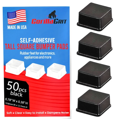 GorillaGrit Black Tall Square Adhesive Rubber Bumper Pads - Made in USA – Rubber Feet for Speakers, Electronics, Furniture, Appliances, Audio Equipment - 50 Pieces