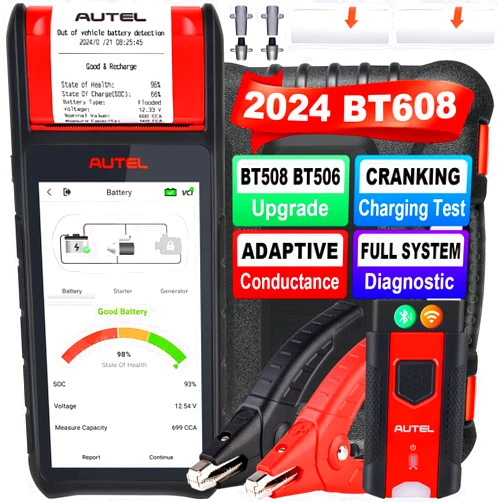 Autel MaxiBAS BT608 with Printer, 2024 Level up of BT508 BT506, 100-3000 CCA Battery Load Tester, Adaptive Conductance, Cranking Charging System Tester, Full Diagnostic as MX900 MK808BT PRO MK808S