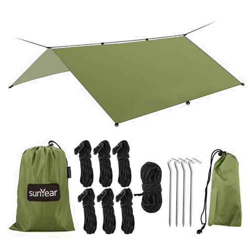 Sunyear Hammock Rain Fly Tent Tarp Provides Effective Protection Against Rain, Snow. 32ft Long Ridgeline. Big 9.8x9.5ft Durable, Waterproof 210D Oxford. 6 Reflective Guy Lines, 2 Stuff Sacks. Easy Assembly