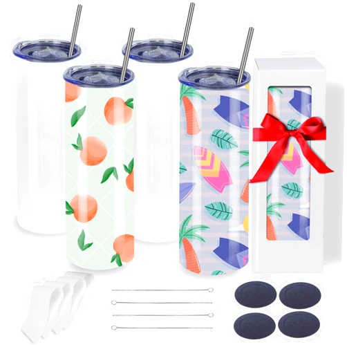 MICLAXYS 4 Pack Sublimation Tumblers 20 Oz Skinny Straight, Stainless Steel Sublimation Tumblers Blank, Individually Gift Boxed, Insulated Tumbler Sublimation(4 Pack 20OZ)