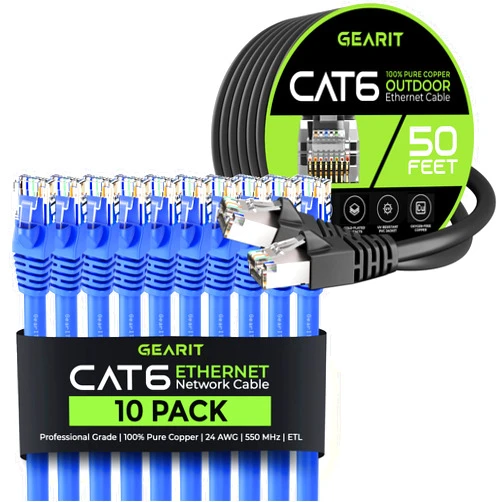 GearIT 10Pack 4ft Cat6 Ethernet Cable & 50ft Cat6 Cable