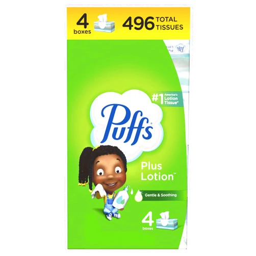 Puffs Plus Lotion Facial Tissues, 4 Family Boxes, 124 tissues per box