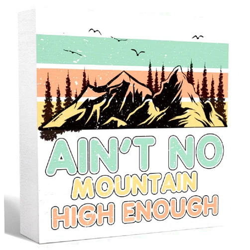 SJNH Camping Decor Funny Camping Sign Rustic Colorful Ain't No Mountain High Enough Wood Block Sign Home RV Camper Decor,Camper Decorations Accessories for Inside,Camping Gifts