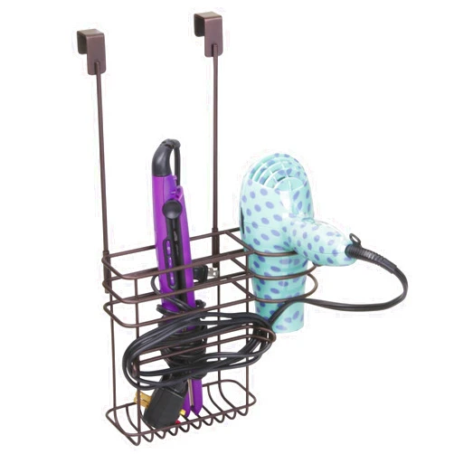 mDesign Metal Bathroom 2 Section Storage Tool Organizer Basket Tray - Hang Over Cabinet Door - Storage for Hair Dryer, Straightener, Curling Iron, Styling Products - Concerto Collection - Bronze