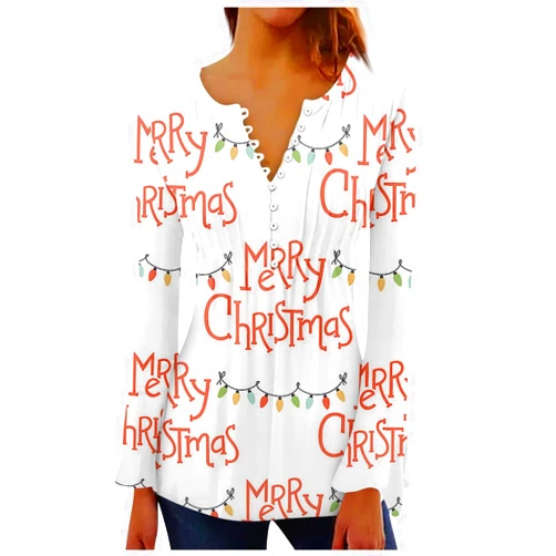 Huazi2 Womens Christmas Shirts Bell Sleeve Button V Neck Blouses Snowman Long Sleeve T Shirts Holiday Basics Tunic Slim Tops