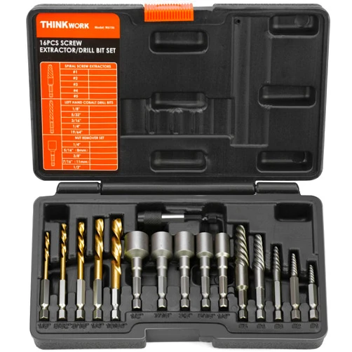 THINKWORK 16PCS Stripped Screw Extractor Set, Broken Bolt Extractor Kit, Easy Out Bolt Extractor Set & Left Hand Drill Bit Set for Removing Stripped Screws, Bolts, Fasteners