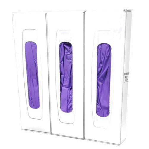 Bowman Dispensers Glove Box Dispenser - Triple - Divided - Extra Long Holds Three Boxes of Extended Cuff Gloves Keyholes for Wall mounting Clear PETG Plastic Made in The USA Dims: 2.95”L x 15.7”W x 16.10”H