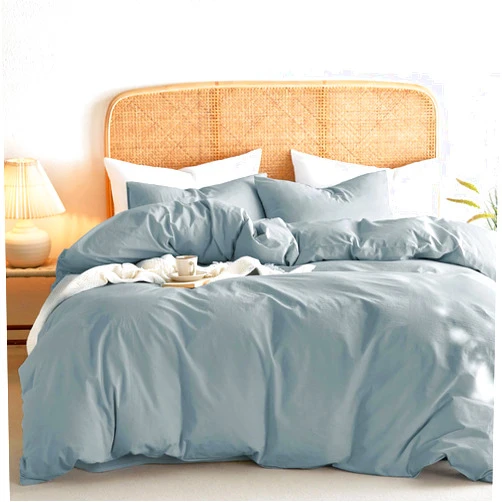 Wake In Cloud - Cotton Duvet Cover Set, Full Size, Light Denim Blue, 100% Washed Cotton, Linen Like Textured, Breathable Percale Durable Comfy Farmhouse Neutral Bedding Set, 3 Pieces