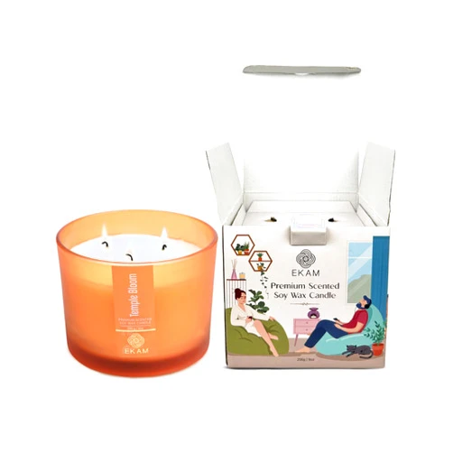 EKAM | 3 Wick Soy Wax Scented Candle| 35 Hours Burn Time| Long Lasting Premium Candles| Ideal for Home Decor, Gifting & Aromatherapy| Temple Bloom Fragrance