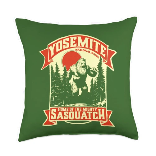 Yeti Habitation Project - Bigfoot & Sasquatch Art Yosemite Park Home of The Mighty Sasquatch Bigfoot Retro Throw Pillow, 18x18, Multicolor