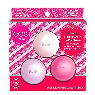 EOS Limited Edition Holiday Lip Balm Trio- Pink Champagne, Sparking Sugar Plum, Pomegranate Punch, 3-Pack Pink Champange, Sparkling Sugar Plum & Pomegranate Punch