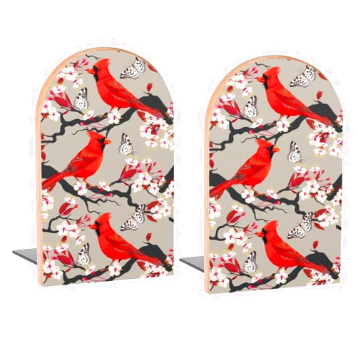 Famame Red Birds Cherry Flowers Book Ends Decorative Wood Bookends for Shelves Kids Room Desk Home Office Book Stoppers for Magazines,Books, DVDs, 1 Pair/2 Pieces(5x3.1 in)