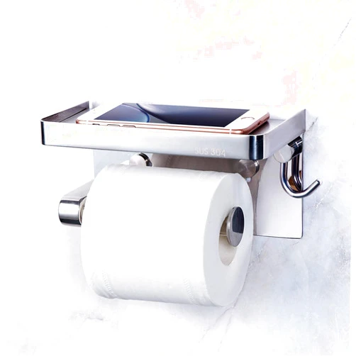 SQSH Toilet Paper Holder Upgrade Chrome and Phone Shelf, SUS304 Stainless Steel Tissue Holder Phone Holder and Key Hook Bathroom Accessories, Wall Mounted