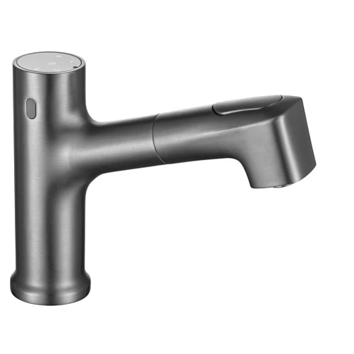 ASCDAP Automatic Sensor Touchless Bathroom Sink Faucet,Bathroom Faucet with Pull Out Sprayer LED Touch Temperature Digital Display Basin Mixer Taps,Gray