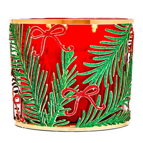 Generic Bath + Body Works Christmas Tree Garland Candle Holder - Gold Tone Metal w/Green Pine + Red Glitter Bows - Decorative Holiday Candle Sleeve Compatible with Bath and Body Works 3-Wick Candles