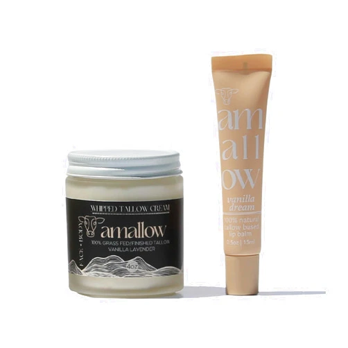 Amallow 100% Grass Fed Beef Tallow Skincare & Lip Balm Set - Whipped Moisturizer for Face & Body (Vanilla Lavender) + All Natural Tallow Lip Balm (Vanilla Dream)