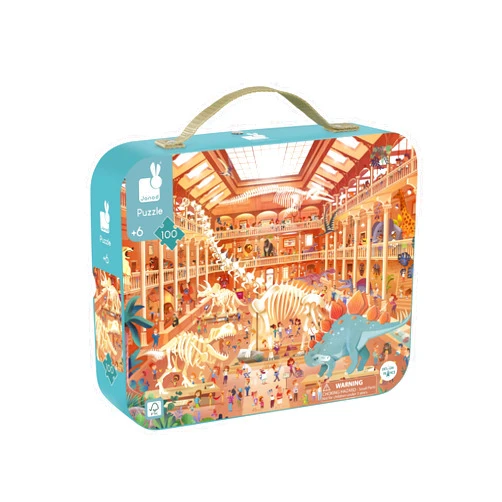 Janod 100 Piece Children’s Jigsaw Puzzle - Natural History Museum - Giftable Carrying Case with Fabric Handle - Learning and Exploration - Ages 6-10 Years - J02537