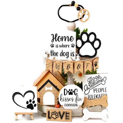 Geelin 16 Pcs Dog Tiered Tray Decor Set Wooden Dog Tray Decor Rustic Farmhouse Paw Bone Farm Decorations Mini Wood Signs for Kitchen Home Table Housewarming Gift