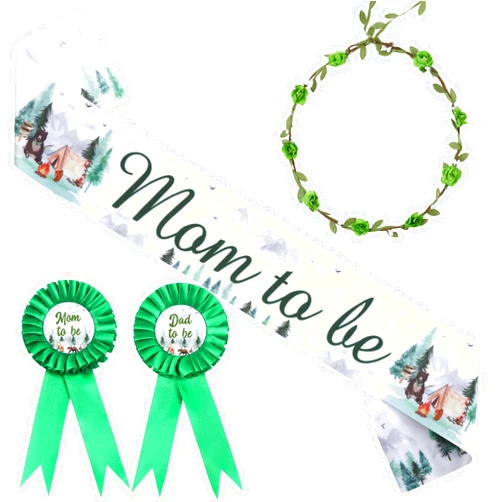 Serencatcher Let The Adventure Begin Baby Shower Decorations, Mountain Adventure Mom to Be Sash Camping Bear Mom Dad to Be Pin Flower Crown Headband Green for Adventure Awaits Baby Shower Party Favors