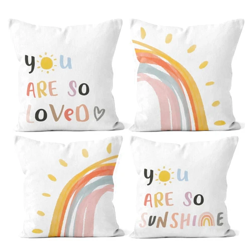 HIWX Abstract Boho Rainbow You are So Loved Decorative Pillowcase Throw Pillow Cover, Encouragement Sunshine Rainbow for Sofa Bed Baby Room Home Nursery Decor 18 x 18 Inch Set of 4 Pillow Case
