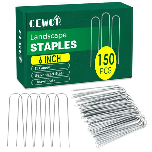 CEWOR 150 Pack Landscape Staples 6 Inch, Garden Staples 11 Gauge Galvanized Metal Ground Stakes Heavy Duty U Pins Yard Lawn Stakes for Landscape Fabric, Soaker Hose, Dog Fence, Drip Tubing