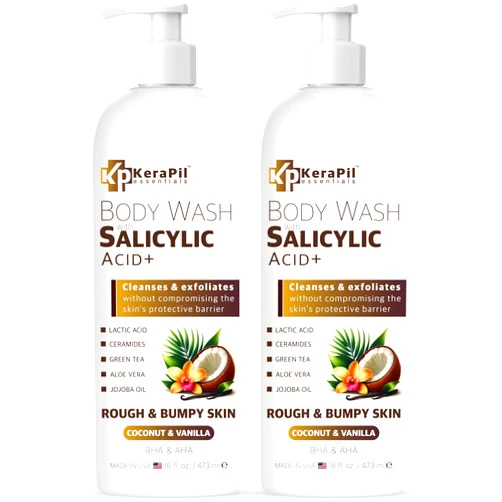 KERAPIL Exfoliating Body Wash with Salicylic Acid - No Dry Out, Gentle Exfoliates Rough and Bumpy Skin, Body Acne Wash, BHA & AHA - Coconut and Vanilla Salicylic Acid Body Wash - (16 fl oz x 2)