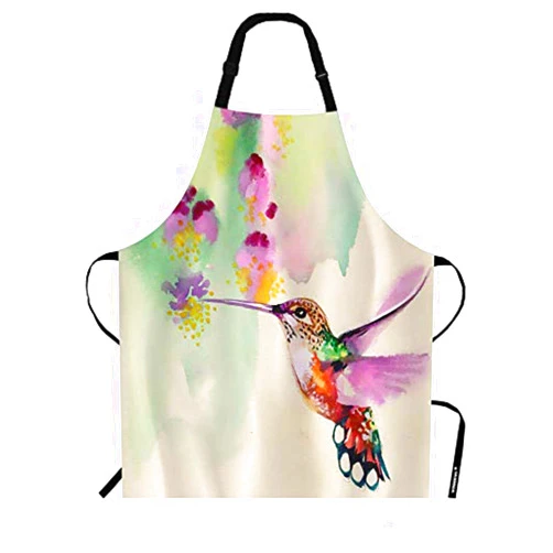 WONDERTIFY Hummingbird and Flowers Apron,Watercolor Tropical Bird Colibri Fly On Floral Green Bib Apron with Adjustable Neck for Men Women,Suitable for Kitchen Cooking Waitress Chef Grill BBQ Apron