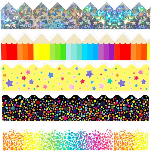 STARLIBOO 100 Ft Bulletin Board Borders, 100 Sheets Border Trim, Adhesive Decoration Bulletin Board Border for School/Classroom/Office(5 Designs)