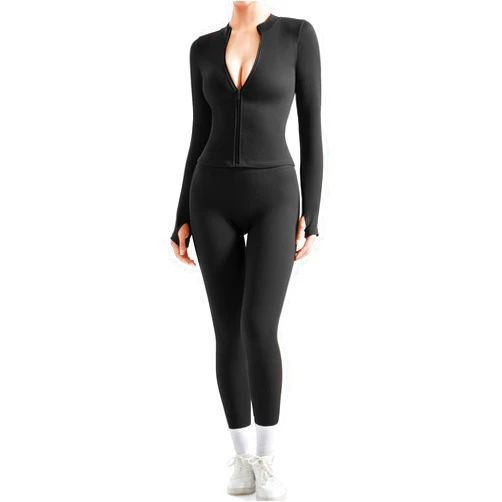 SUUKSESS Women 2 Piece Seamless Ribbed Workout Sets With Zip Up Jacket High Waisted Gym Yoga Leggings