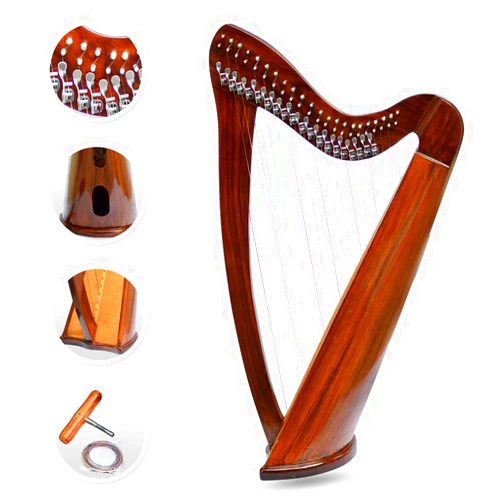 Woldorf USA 22 Strings Harp Irish Celtic Highland Solid Rosewood Round shape Nylon Lever Tuning Key Extra Set included 34