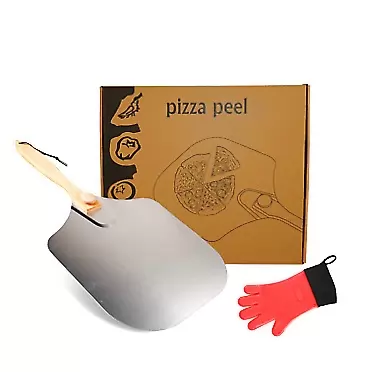 YKA VISERA Pizza Peel, Aluminum Pizza Paddle with Foldable Wood Handle 12 inch x 14 inch and Heat Resistant Glove, for Baking Homemade Pizza and Bread, Easy Storage Metal Pizza Spatula with Oven Accessory