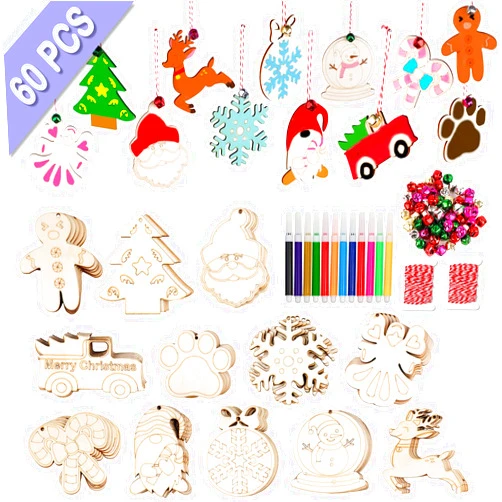 GUDELAK 60PCS DIY Christmas Wooden Ornaments Unfinished Wood Slices with 12 Styles,16m Red Rope, 60 Colored Bells, 12 Colored Pens DIY Christmas Holiday Decoration Crafts for Kids and Adults