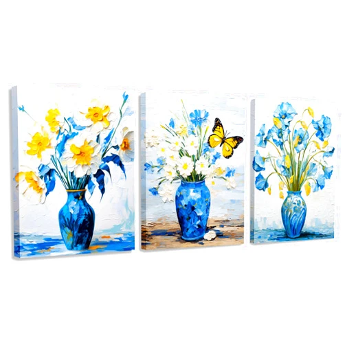 LIIGEMI 3 Piece Bedroom Flower Canvas Wall Art, Vintage Oil Painting Gallery Wall Decor Print White and Blue Daisy in Pretty Vase Picture for Kitchen or Living Room，11.8