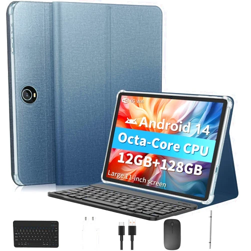 Aiprotablet Android 14 Tablet, Tablet 11 inch, Octa-Core, 12 GB RAM+64GB ROM 1TB Expand, 2 in 1 Tablets with Keyboard, Case, Mouse, Stylus, Fast Charging, GMS Certified, FM, GPS, WiFi, BT 5.0, Face ID (Blue)