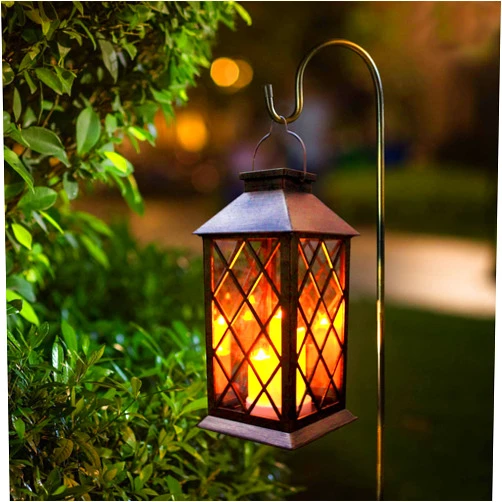 GUANFU Solar Outdoor Lantern, Garden Hanging Waterproof Lanterns PVC Upgrade 3 LED Flickering Flameless Candle Decorative for Garden Women Mom Grandma Halloween Gifts (Grid Candle)