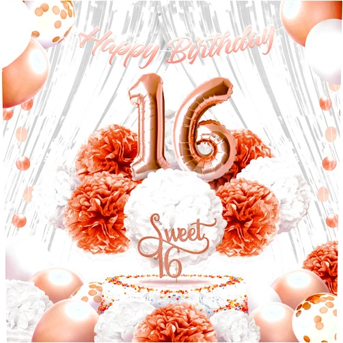 EpiqueOne 41-Piece Rose Gold Sweet 16 Birthday Decoration for Girls | Includes Happy Birthday Banner, Cake Topper, Tissue Pom Poms & More | Easy to Set Up | Also Ideal for Bridal & Baby Showers & More