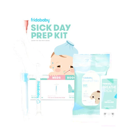 Frida Baby Sick Day Prep Kit, 4pc Set, Essentials Includes NoseFrida Nasal Aspirator, MediFrida Pacifier Medicine Dispenser, Breathefrida Vapor Chest Rub + Snot Wipes, Soothe Stuffy Noses for Babies