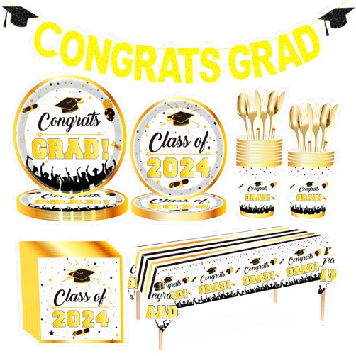 QWKIT 98 Pcs Graduation Party Supplies Set, Class of 2024 Graduation Decorations, Including Tableware Paper Plates Napkins Tablecloth Banner for College School Graduation, Serves 12 (Black & Gold)