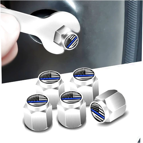 WOSITE 5Pcs Chrome Silver American Flag Tire Valve Stem Caps with O Rubber Ring, Universal Metal Valve Stem Covers for Cars, SUVs, Bike, Trucks, Motorcycles Decoration Accessories (USA Flag Blue)