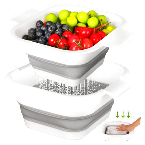 ROTTOGOON Collapsible Colander Set with Strainer Bowl, 2 in 1 Fruit Washing Basket with Strainer, 5 + 3 QT Plastic Colander for Kitchen, Foldable Double Layered Colander Bowl for Berry, Vegetable, Grey & White