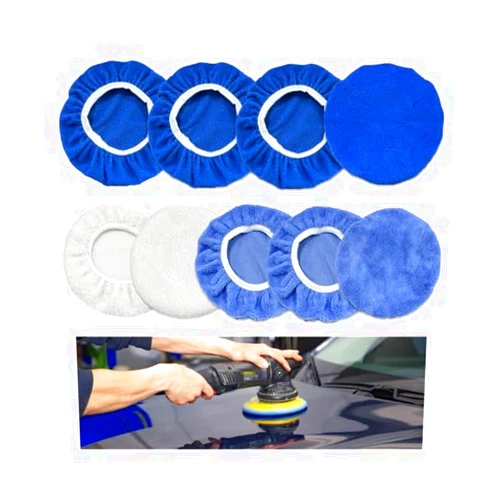 Kewucn 9PCS Car Polisher Pad, 7 to 8 Inches Car Orbital Microfiber Bonnet Polishing Buffing Pad Cover, Universal Auto Cleaning Waxers Kit- 4 Microfiber, 3 Coral Fleece, 2 Woolen (7-8 Inches)