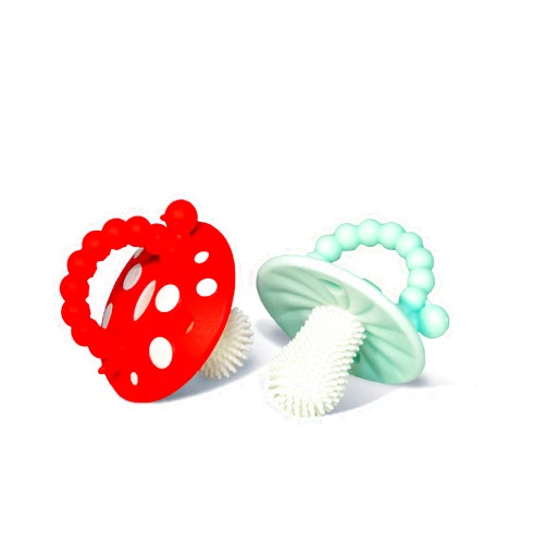 RaZbaby Chompy Teether for Infant & Baby 3M+ Toy with Massaging Bristles for Teething Relief Pacifier - Soothes Sore Gums - Hands-Free & Easy-to-Hold Teether, BPA Free - Red/Blue